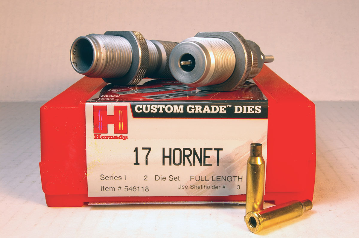 Hornady dies were used to handload cartridges for the 17 Hornet. Backing the sizing die a partial turn from contacting the shellholder on the press set headspace on the case shoulder instead of on the cartridge rim.